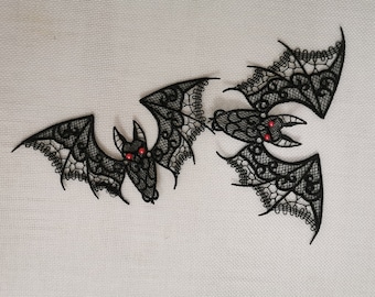 Embroidered Black Lace Bats: Halloween Decor with Red Eyes