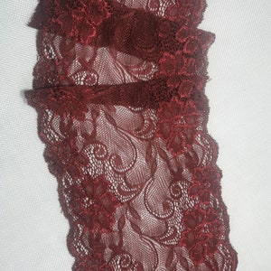 Wine Red Strechy Lace Trim 6&quot; Wide for costume crafting supplies by the yard