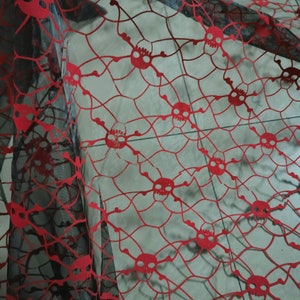 Red Skull flocking on black organza dem bone fabric Halloween fabric by the yards or wholesale
