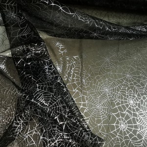 Siliver spider web print  on black  mesh Halloween fabric  by the yards or wholesale