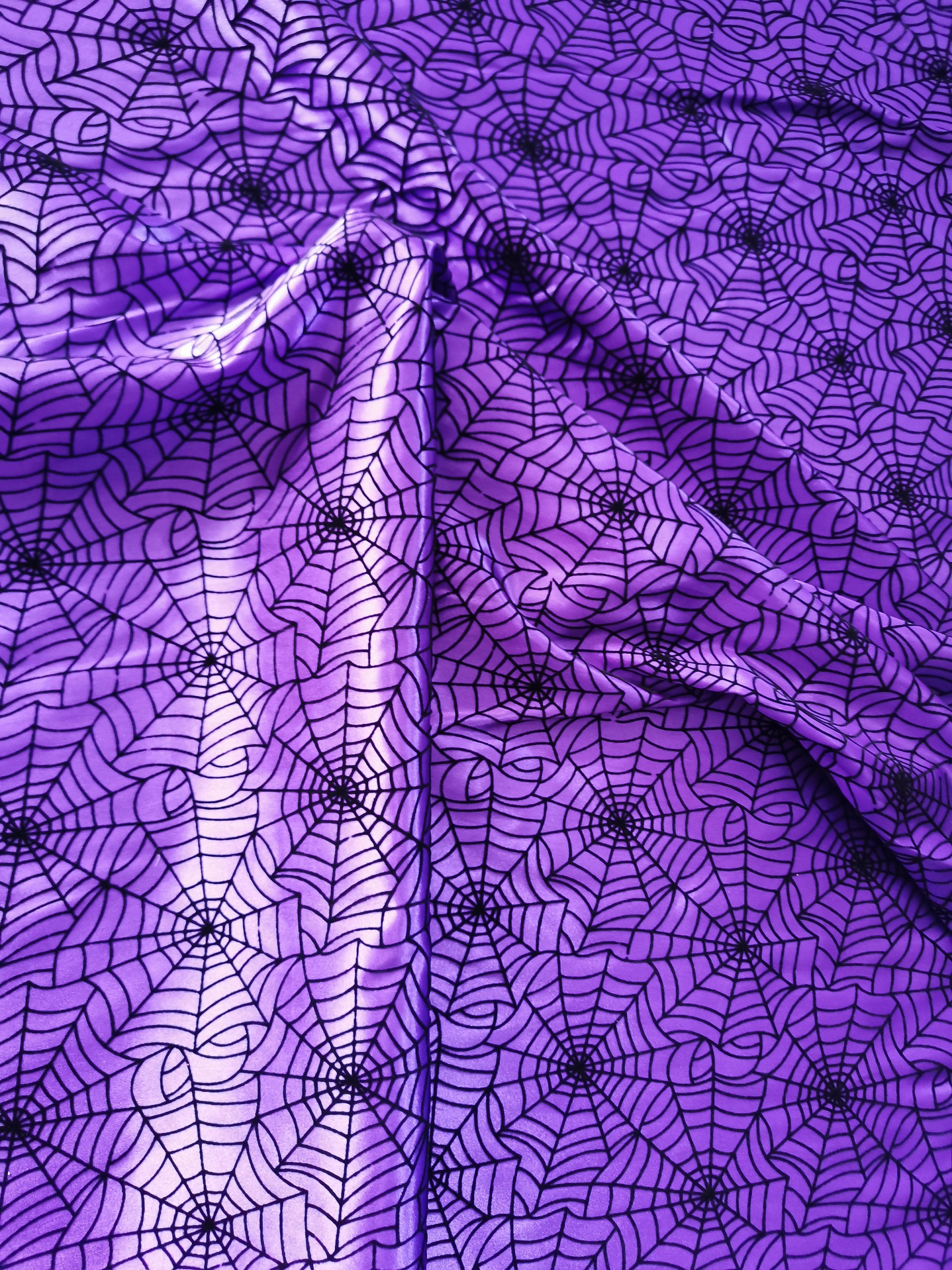 Halloween fabric Black spider web  flocking on purple stain  by the yard