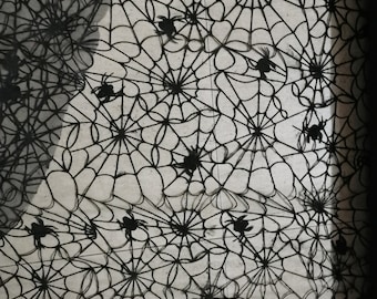 Black Spider Web Fabric: Halloween Flocked Tulle Mesh, 58" Wide