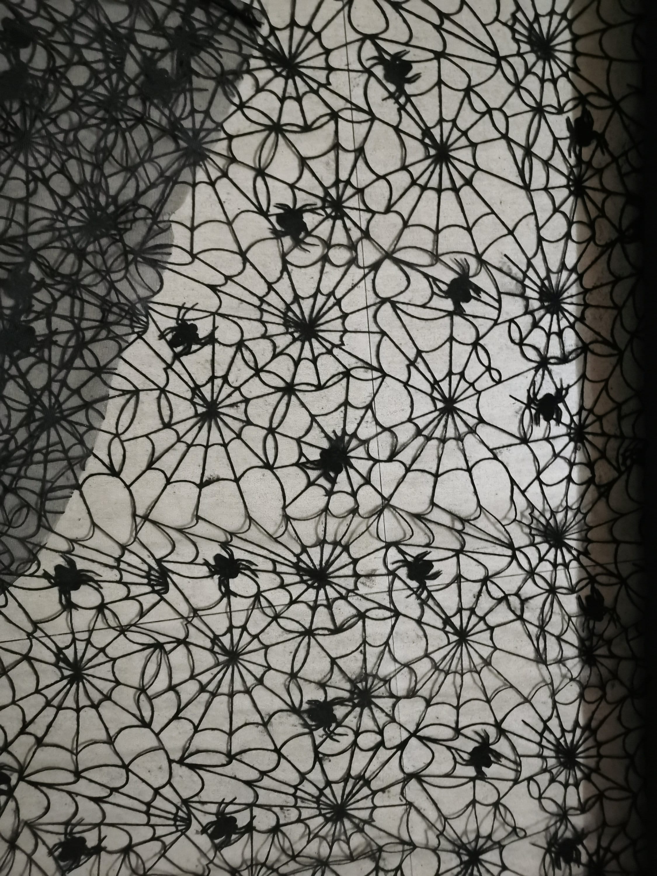 Black Spider Flocking on Tull Mesh Spider Fabric Spider Web