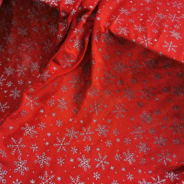 Red Christmas Velvet Fabric: Silver Glitter Snowflakes, Costume Sewing