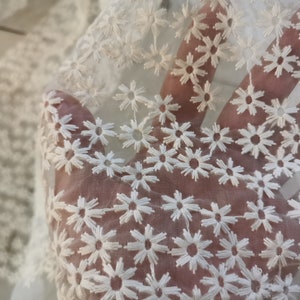 Embroidery Daisy Organza Fabric Spring Floral Fabric Small Flower Fabric for BJD Doll Dress, Baby Girl Dress Fabric White Embroidered Flower