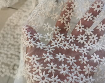 Embroidered Daisy Organza Fabric: Spring Floral Flower Fabric
