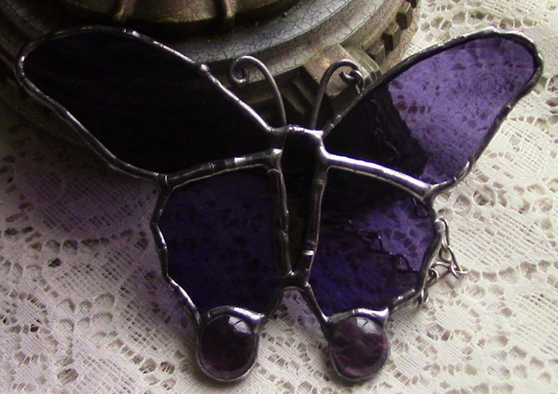 Purple Butterfly with Violet Cabochons Stained Glass 4 34