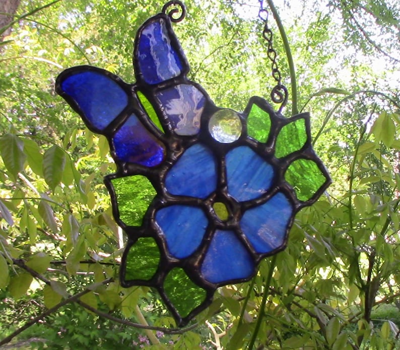 Blue Flower and Butterfly Stained Glass