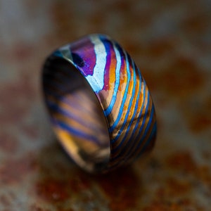 Colorful Timascus Wedding Band Unique Titanium Damascus Anniversary Ring Gift For Him or Her