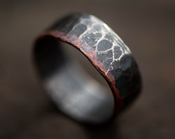 Hammered Copper Infused Ring Men's Textured Wide Rustic Vintage Distressed Wedding Band Patina Steampunk Industrial Modern Accessory