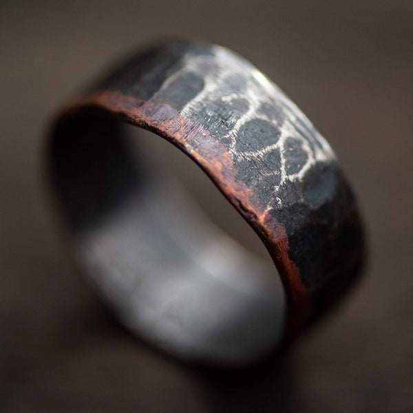 Hammered Copper Infused Ring Men's Textured Wide Rustic Vintage Distressed Wedding Band Patina Steampunk Industrial Modern Accessory