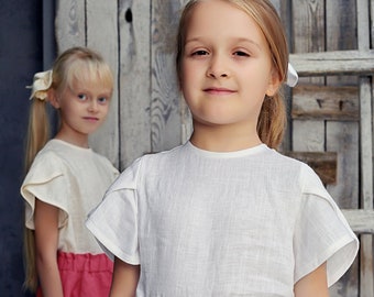 Girl white blouse, Girls linen blouse, White linen top , Girls Blouses, Linen clothes for kids, Flower girl top, White blouse, Linen top