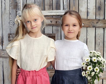 Ready to ship 8T Girls linen top, Girls linen blouse, White linen top, Girls Blouses,  Flower girl top, White blouse, Linen top