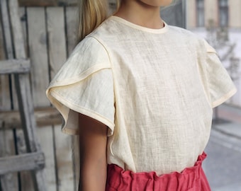 Girl blouse with short sleeves, Girls linen blouse, White linen top , Girls Blouses,  Flower girl top, White blouse, Linen top,