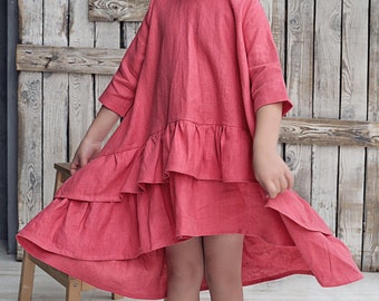 Linen girls dress with ruffles,  Girl party dress, Girl occasion dress, Party dresses for girls, Girl ruffle dress, Girl dress up clothes