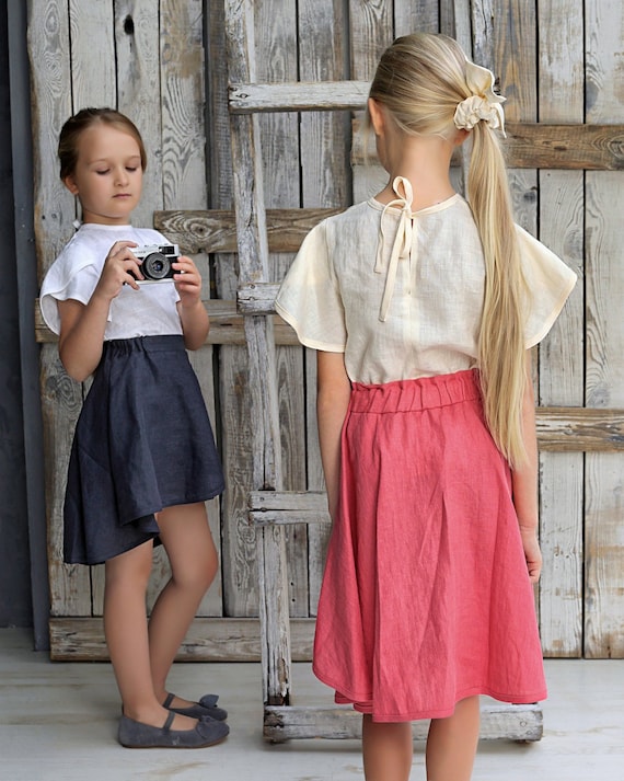 Falda de niña, traje de niñas de lino, faldas para niñas, falda y blusa set  para niñas, faldas para niños, falda y top de los niños, lino niñas set -   México