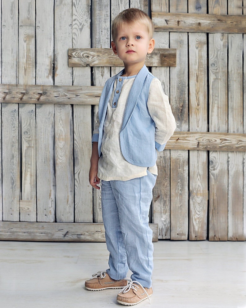 Linen Boys 3 Piece Set, Boys Vest Suit, Boys Suit Set, Boys Pants Suit