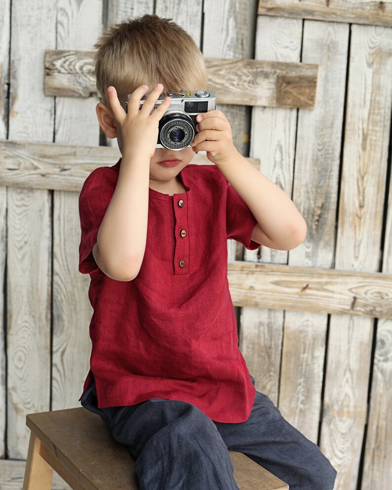 Boys Tee Shirt With Buttons, Linen Boys Tee, Red T Shirt , Shirts and