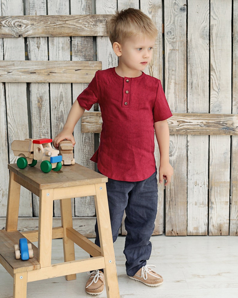 Boys Tee Shirt With Buttons, Linen Boys Tee, Red T Shirt , Shirts and