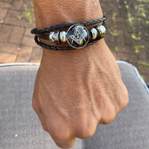 Black leather Masonic Bracelet for men Dome Glass Leather Bracelets Jewelry 7 inches to 10 inches bracelets.