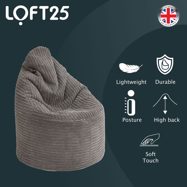 Charcoal Bean Bag Jumbo Cord Large Indoor Chair With Round or Etsy UK