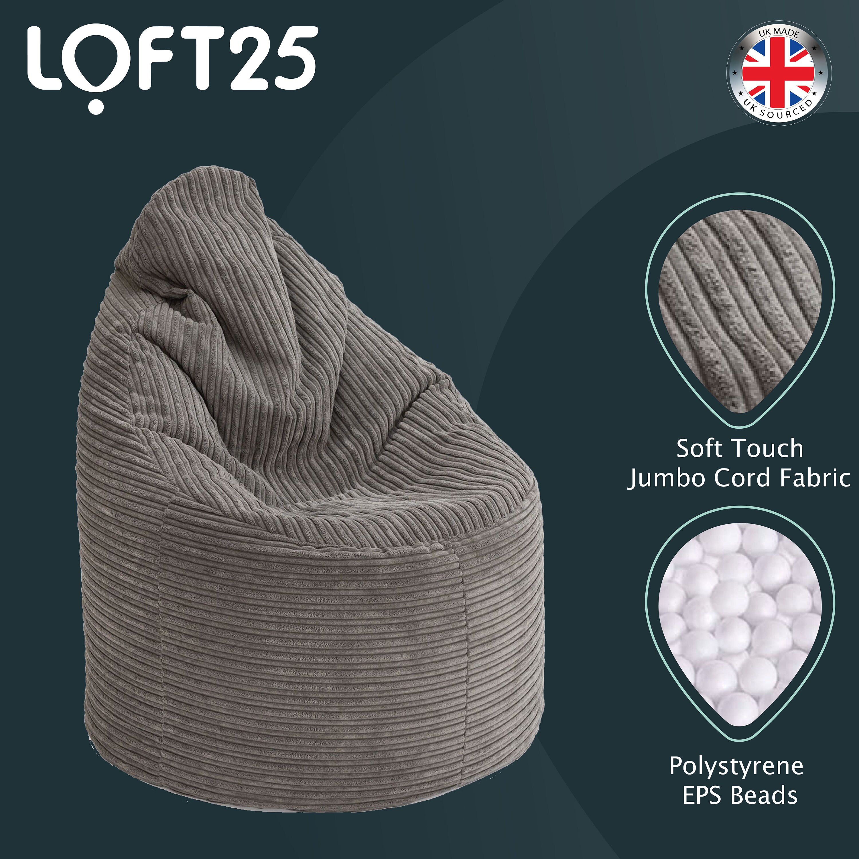 Charcoal Bean Bag Jumbo Cord Large Indoor Chair With Round or Etsy