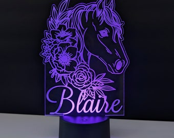 personalized horse night light for kids, horse nursery decor, color changing LED night light stand, horse gifts for girls, equestrian gifts