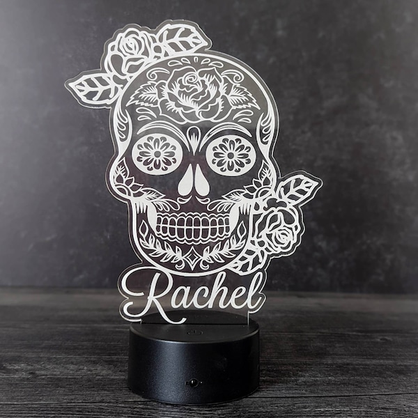 personalized sugar skull night light wall plug in, Dia de Los Muertos skull decor for home, color changing LED nightlight for bathroom, new