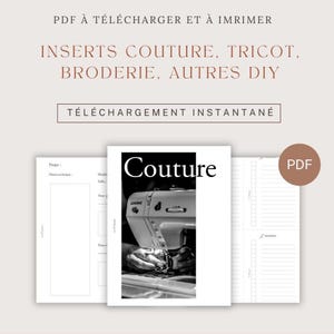 Peut inclure: Un document PDF téléchargeable et imprimable contenant des inserts pour projets de couture, tricot et broderie. Il comprend une page de couverture avec le mot Couture et une image en noir et blanc d'une machine à coudre, ainsi que des pages lignées.