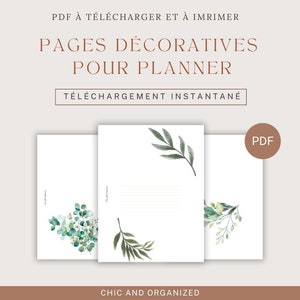 Peut inclure: Trois pages de planificateur imprimables avec un fond blanc et des illustrations de feuillage aquarelle vert. Le texte "PDF À TÉLÉCHARGER ET À IMRIMER PAGES DÉCORATIVES POUR PLANNER TÉLÉCHARGEMENT INSTANTANÉ CHIC AND ORGANIZED PDF" est en haut de l'image.