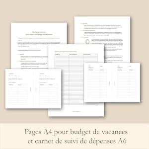 Peut inclure: Pages imprimables pour un budget de vacances et un carnet de suivi des dépenses. Les pages sont en français et comprennent des conseils pour budgéter, un tableau pour les dépenses prévues et un suivi détaillé des dépenses.