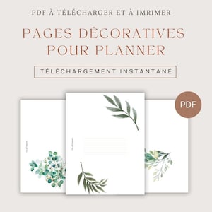 Peut inclure: Trois pages de planner imprimables avec des fonds blancs et des illustrations botaniques à l'aquarelle de feuilles et branches d'eucalyptus vertes. Le texte indique PDF À TÉLÉCHARGER ET À IMPRIMER, PAGES DÉCORATIVES POUR PLANNER, TÉLÉCHARGEMENT INSTANTANÉ et PDF.