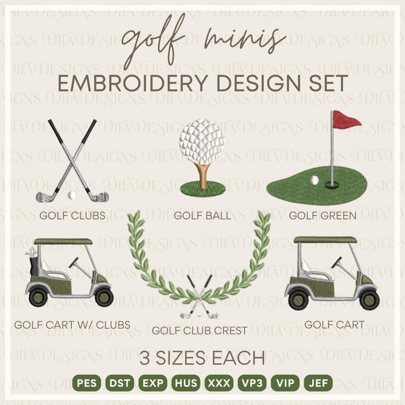 May include: An embroidery design set titled "golf minis" featuring various golf-related elements. Designs include golf clubs, a golf ball, a golf green, a golf cart, and a golf club crest. Each design is available in three sizes.