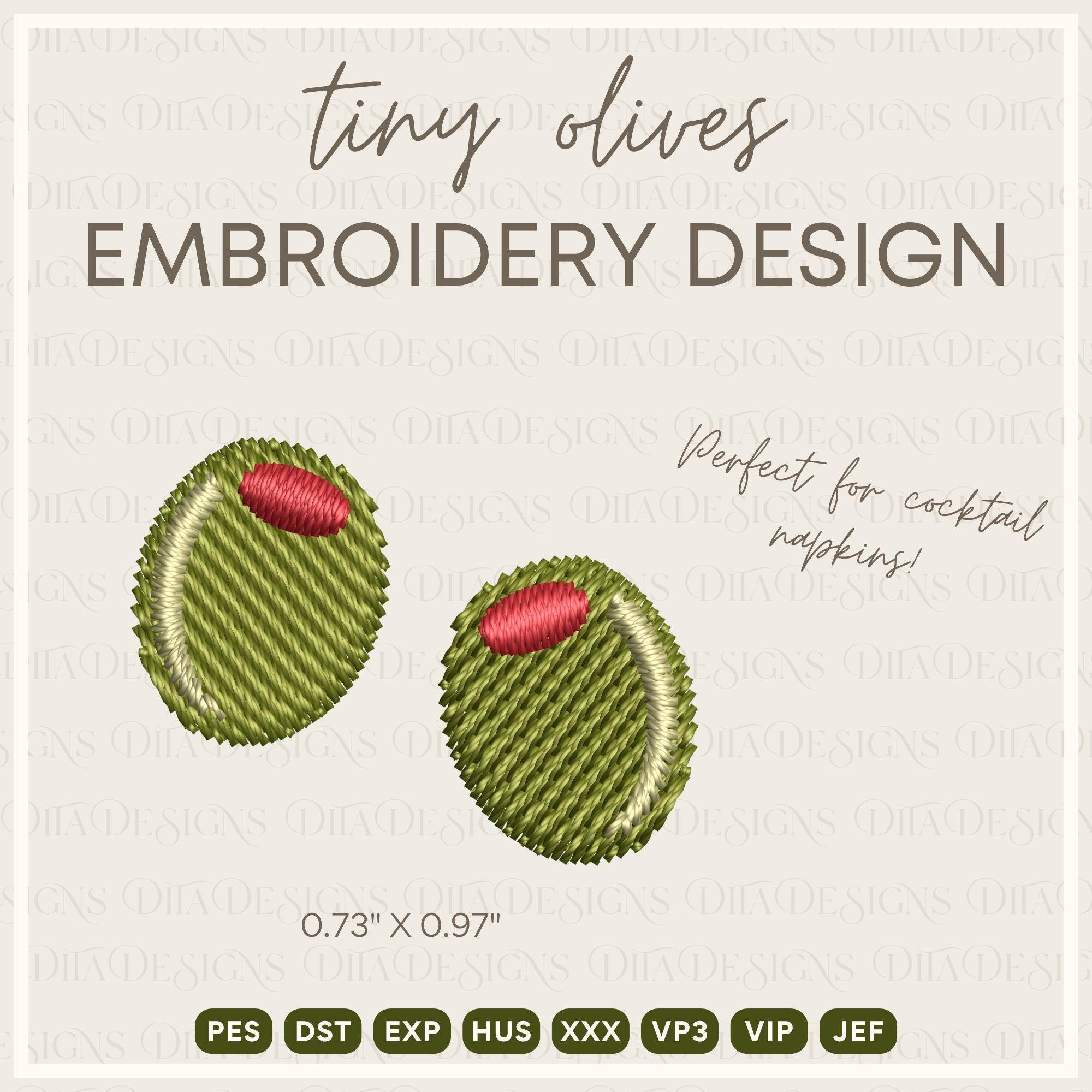 Tiny Olives Machine Embroidery Design File- Tiny Embroidery Design .75 Inch - Linen Cocktail Napkin Embroidery Design