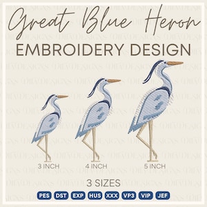 Great Blue Heron Machine Embroidery Design Files- 3 Sizes