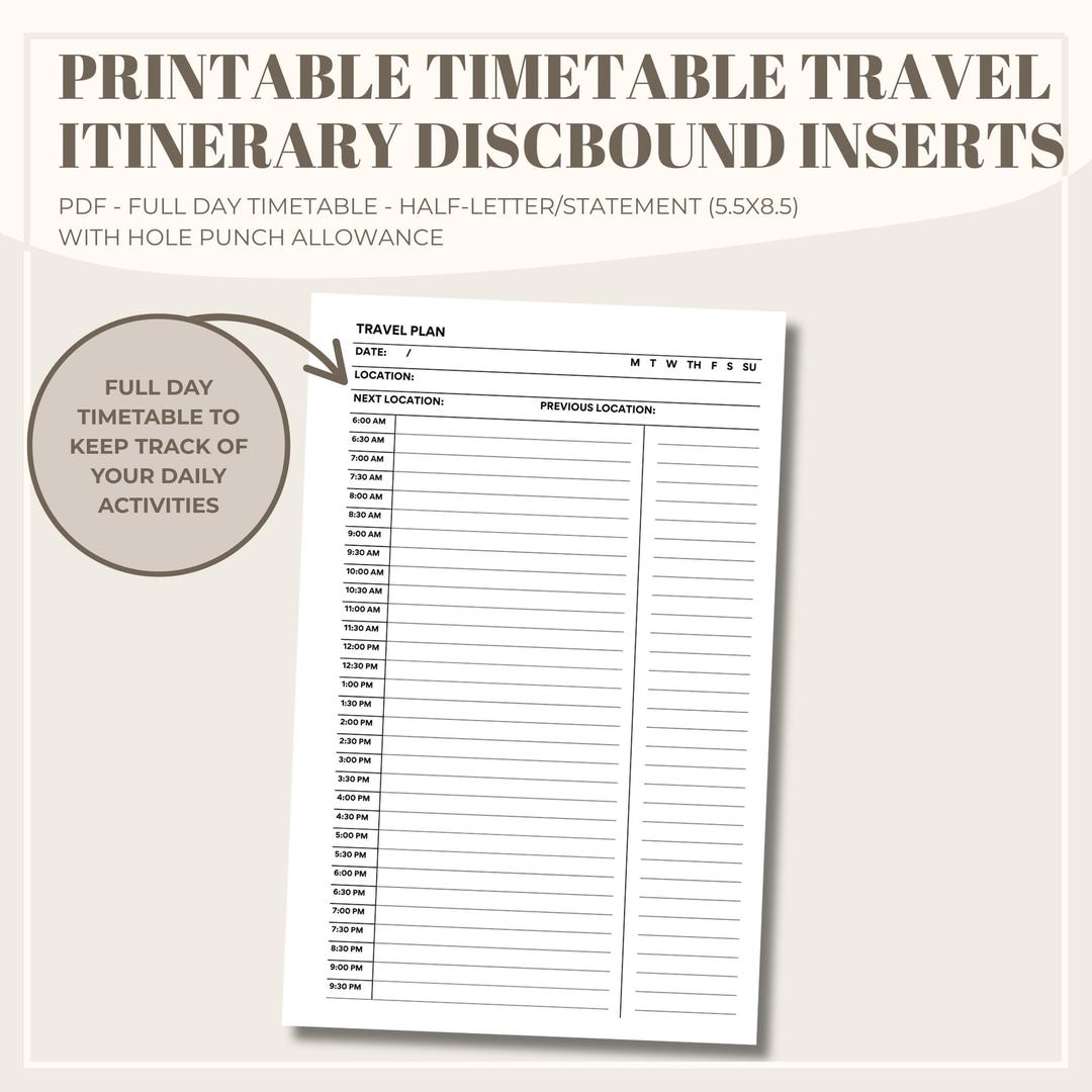 Discbound Insert- Full Day Timetable Travel Itinerary Printable ...