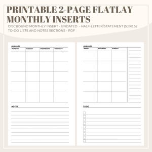 Discbound Insert- Monthly Planner Printable Template Half Letter/Junior/Statement Sheet - Two Page Monthly Spread with Notes and To-Do