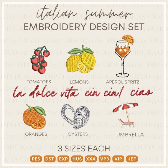 Italian Summer 9 Pack Tiny Machine Embroidery Files- 3 Sizes Each- Includes: Aperol Spritz, Umbrella, Tomatoes, Oysters, Lemon, Orange