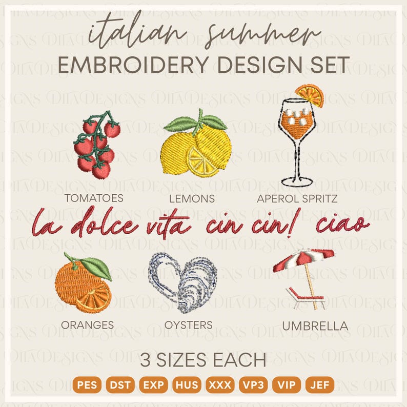 May include: An embroidery design set with an Italian summer theme. The set includes designs of tomatoes, lemons, an Aperol Spritz, oranges, oysters, and a beach umbrella. The text "Italian Summer" and "La Dolce Vita" are also included.