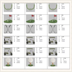 May include: A collection of golf-themed embroidery designs. The designs include golf clubs, golf carts, golf balls on tees, and a golf course flag. Measurements are provided in inches.