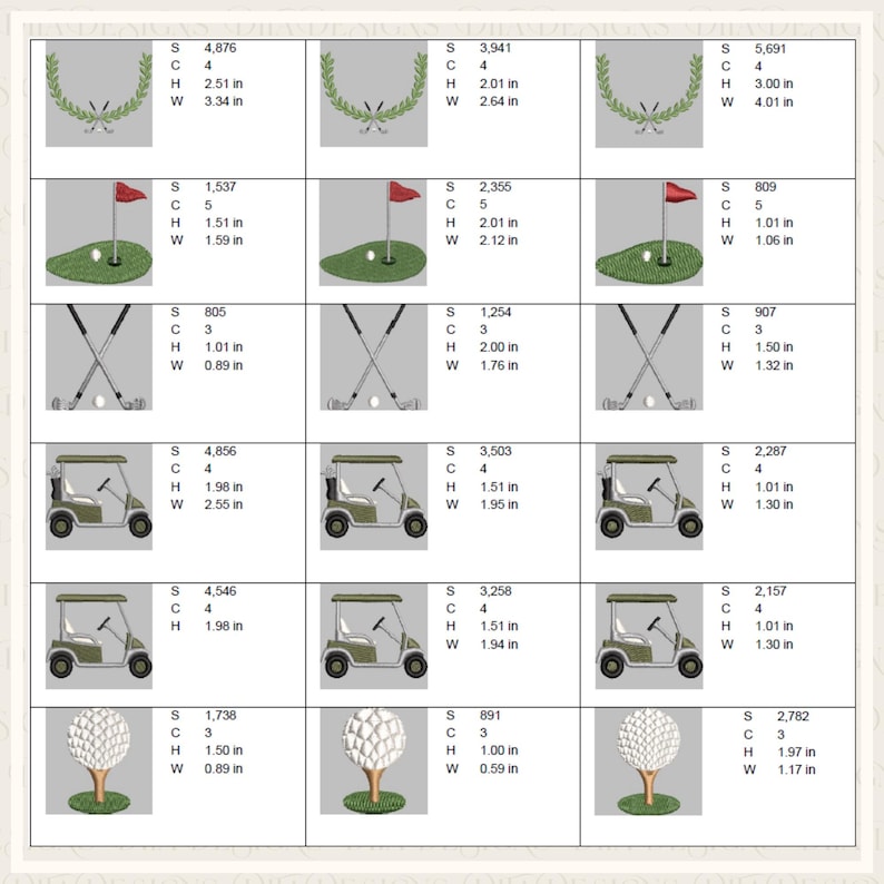 May include: A collection of golf-themed embroidery designs. The designs include golf clubs, golf carts, golf balls on tees, and a golf course flag. Measurements are provided in inches.