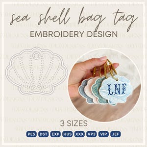 May include: Sea shell bag tag embroidery design. The image shows a seashell-shaped design and several embroidered bag tags in various colors. The tags have a scalloped edge and are held by a person. The text "3 sizes" is also visible.
