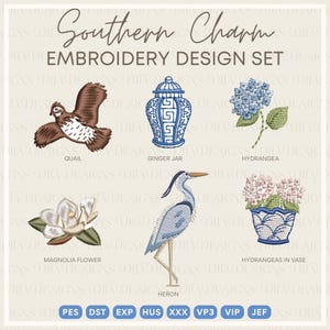 Southern Charm 5 Pack Tiny Machine Embroidery Files- Includes: Hydrangeas, Ginger Jar, Quail, Magnolia