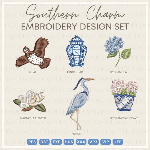 Southern Charm 5 Pack Tiny Machine Embroidery Files- 3 Sizes Each- Includes: Hydrangeas, Ginger Jar, Quail, Magnolia