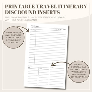 May include: Printable travel itinerary template with a black and white design. The template includes a section for a travel plan, a daily schedule, and a notes section. The text "Write in your own timetable to keep track of your daily activities" is included in a circle on the left side of the page. The text "Plan out outfits ahead of time to help with packing and shorten get-ready time" is included in a circle on the right side of the page.