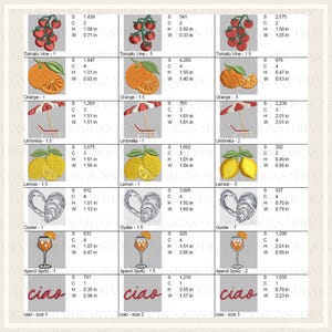 May include: A collection of embroidered designs featuring various food items, beach scenes, and cocktail glasses. Designs include tomatoes, oranges, lemons, oysters, umbrellas, and Aperol Spritz glasses. The word "ciao" is also included.