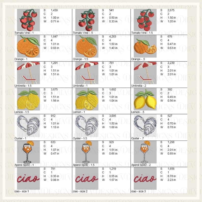 May include: A collection of embroidered designs featuring various food items, beach scenes, and cocktail glasses. Designs include tomatoes, oranges, lemons, oysters, umbrellas, and Aperol Spritz glasses. The word "ciao" is also included.