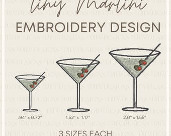 Tiny Martini Machine Embroidery Design Files- 3 sizes - Linen Cocktail Napkin Embroidery Design Dirty Martini