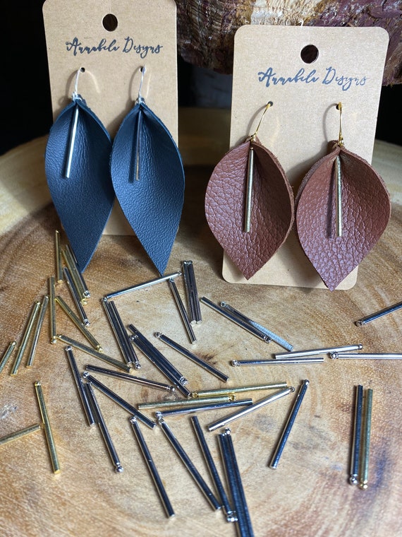 BARS BARS BARS!! Handmade Genuine Leather Leaf Earrings with Gold or Silver  Accent Bar!