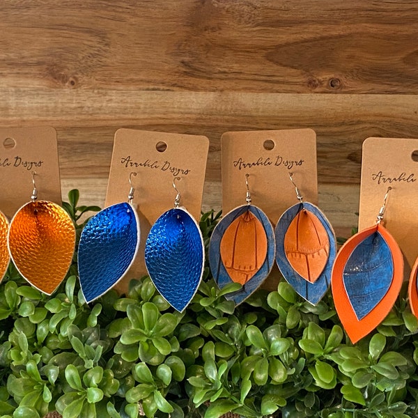 Blue and Orange! Handmade Vegan Leather Leaf Earrings